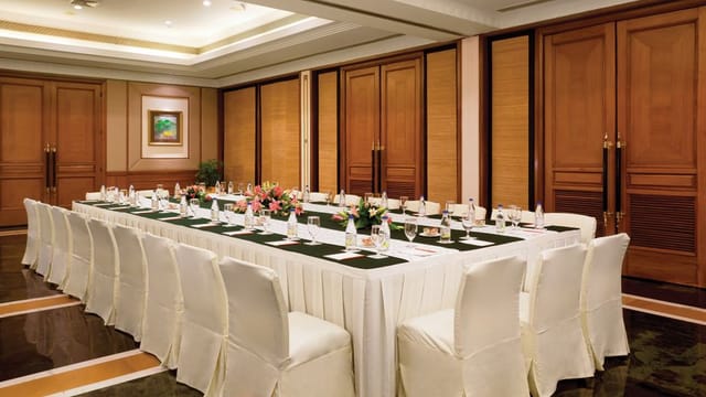 Meeting room in Trident Jaipur with elegant table setup for corporate events and conferences.
