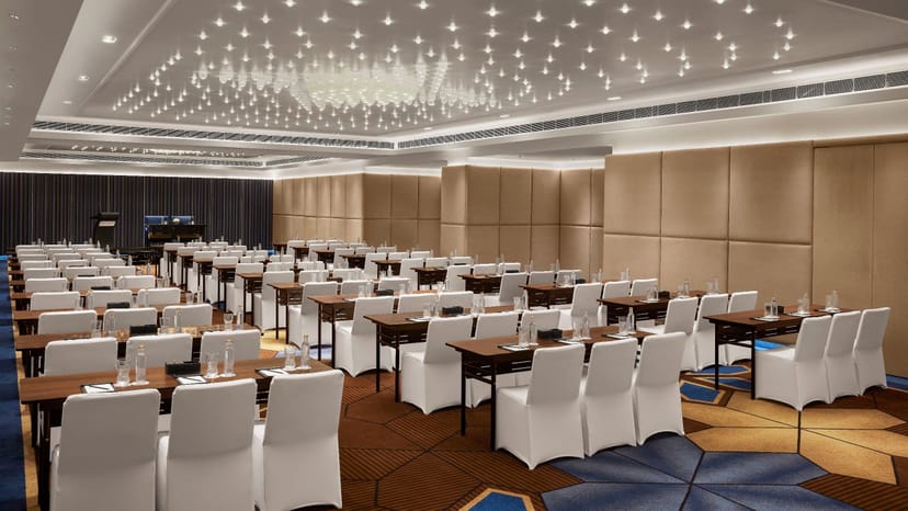 Conference room in Chandigarh with elegant lighting for corporate events and seminars.