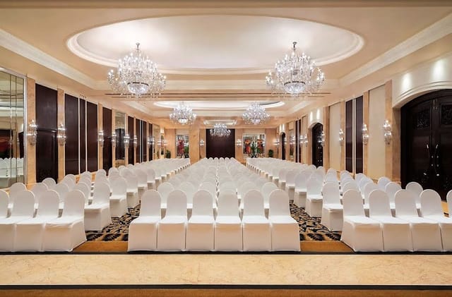 Shangri-La Ballroom with elegant chandeliers, ideal for formal events and conferences.