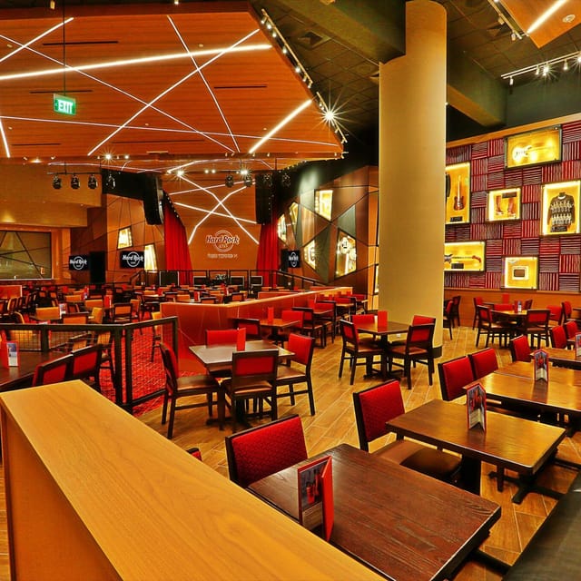 Vibrant Hard Rock Cafe event space with bold colors, ideal for networking and gatherings.