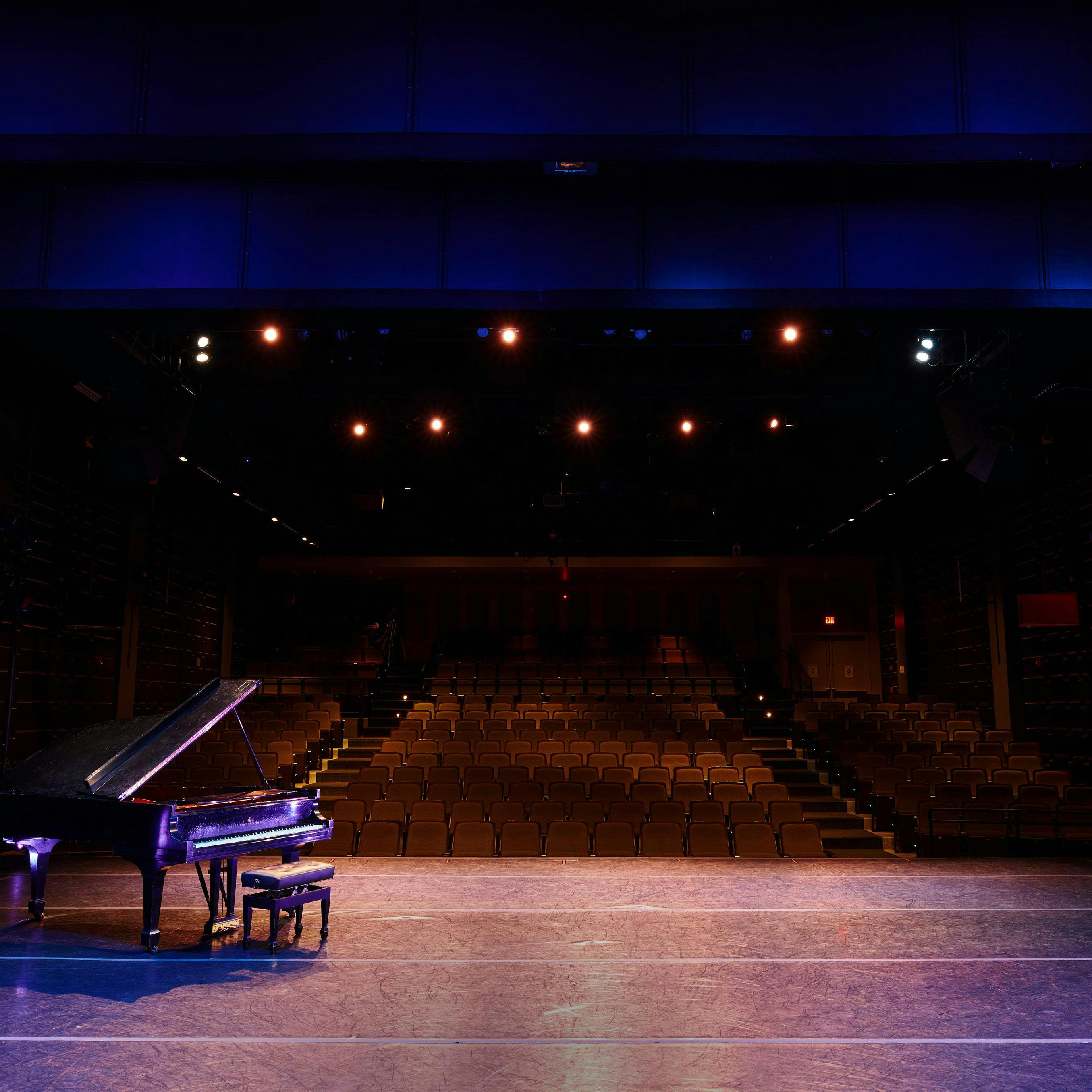 Boston Conservatory Theater stage with grand piano, ideal for concerts and performances.