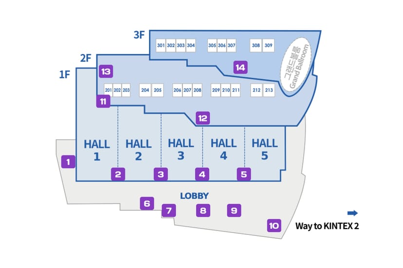 Hall 8 floor plan at KINTEX, featuring exhibition areas and clear signage for events.
