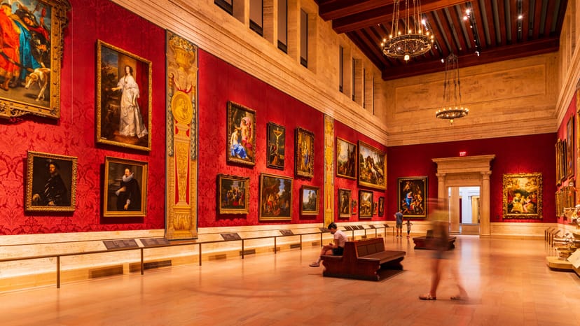 Elegant Boston art gallery with red walls, ideal for upscale events and receptions.