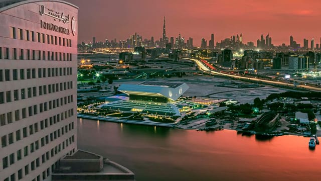 Al Majlis venue at sunset, modern architecture, ideal for conferences and gala dinners.