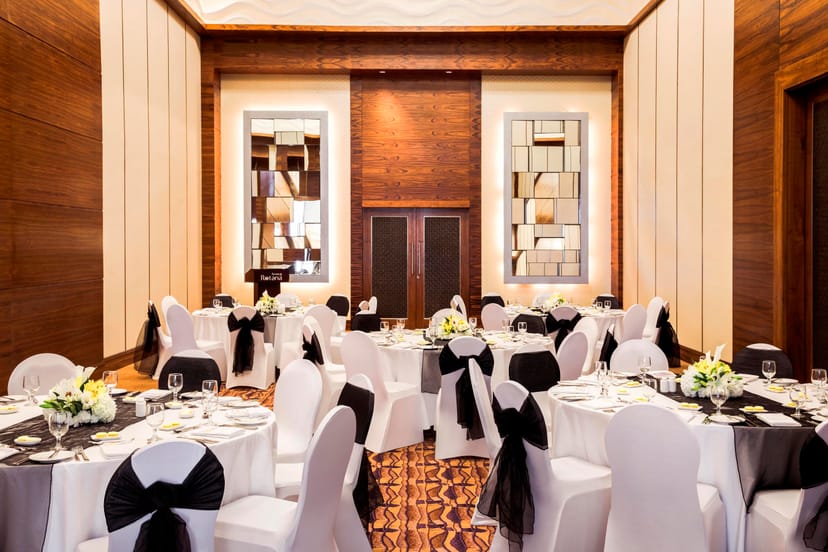 Elegant Sadaf Ballroom at Amwaj Rotana, set for upscale weddings and corporate events.