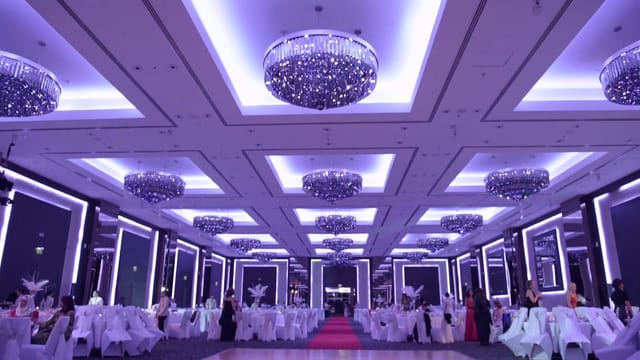 Elegant ballroom with chandeliers, ideal for weddings and formal events in Dubai.