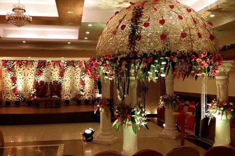 Elegant banquet hall in Kathmandu with ornate floral canopy, perfect for weddings and celebrations.