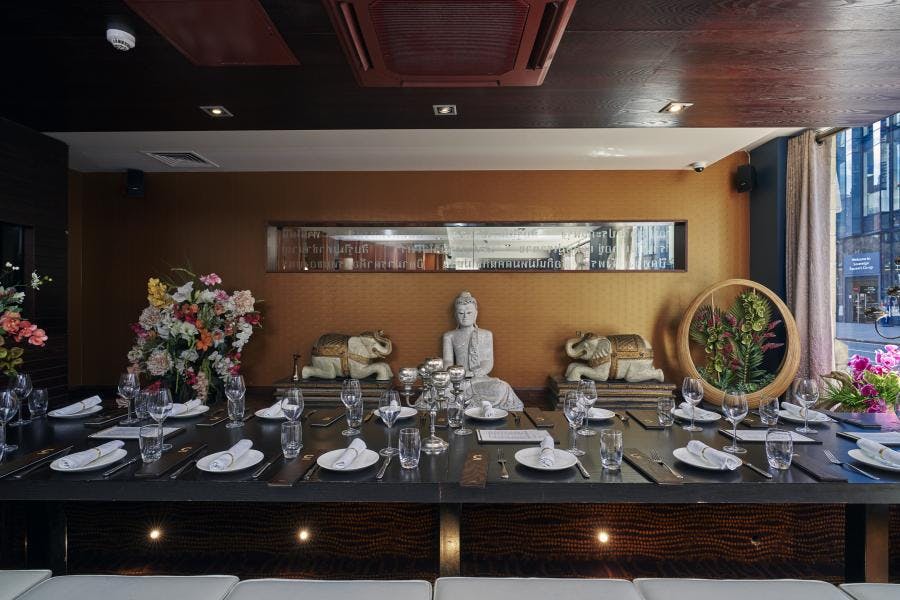 Elegant private dining setup in Chaophraya Leeds for corporate events and intimate dinners.