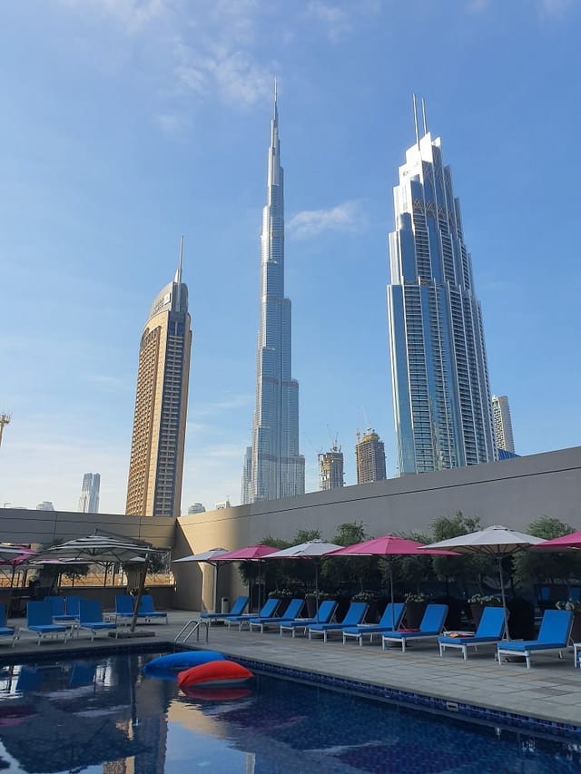Hotel in Rove Downtown with Burj Khalifa skyline, perfect for events and gatherings.