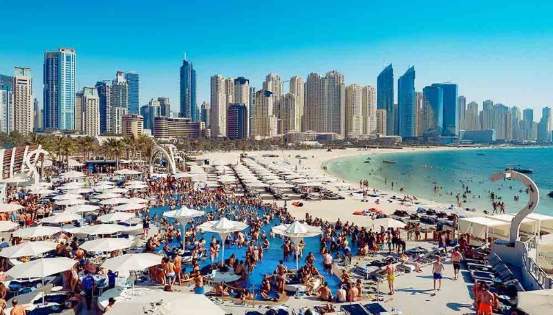 Vibrant beach scene in zero gravity, ideal for corporate retreats and social gatherings.