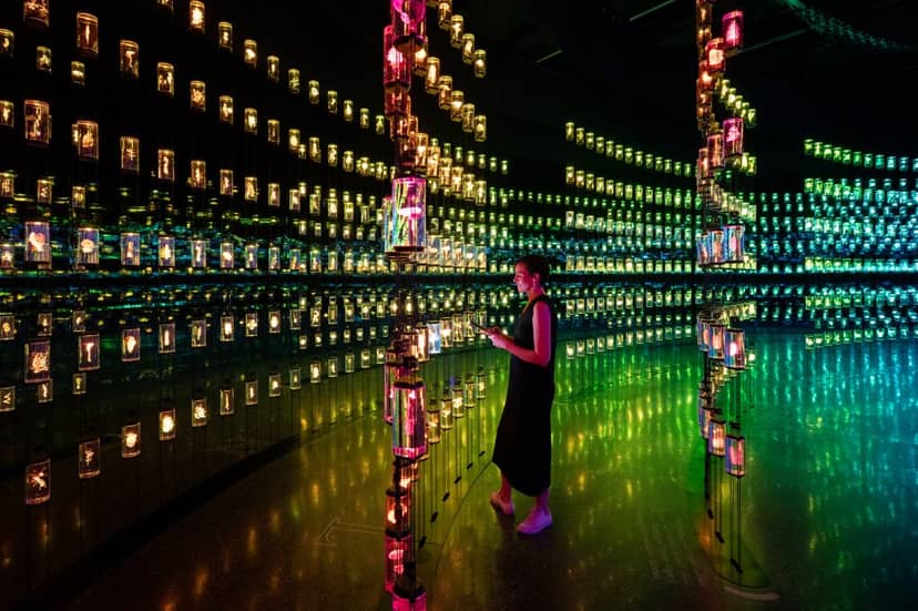 Immersive workshop area with colorful lights for unique networking events at Museum of the Future.