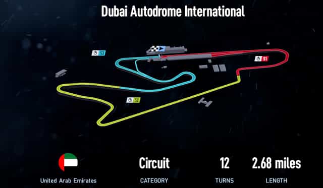 Dubai Autodrome International Circuit layout, 2.68 miles, ideal for motorsport events and gatherings.