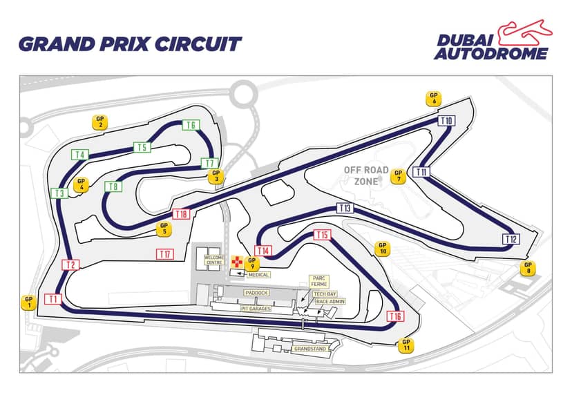 Dubai Autodrome Grand Prix Circuit layout, ideal for motorsport events and corporate gatherings.