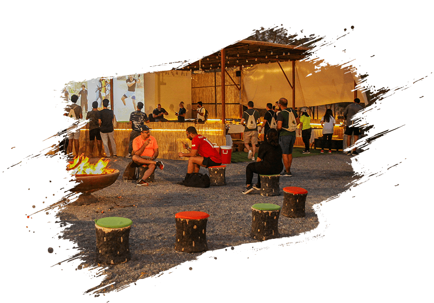 Outdoor classroom event space with fire pit, ideal for networking and casual receptions.