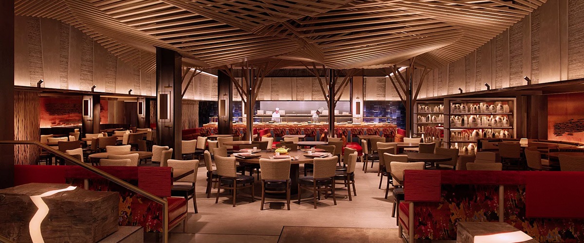 Sake lounge in Nobu Dubai, modern decor ideal for corporate events and intimate gatherings.