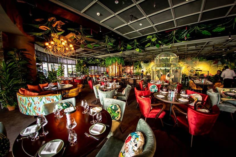 Lush event space in Mama Zonia with eclectic seating for upscale gatherings.