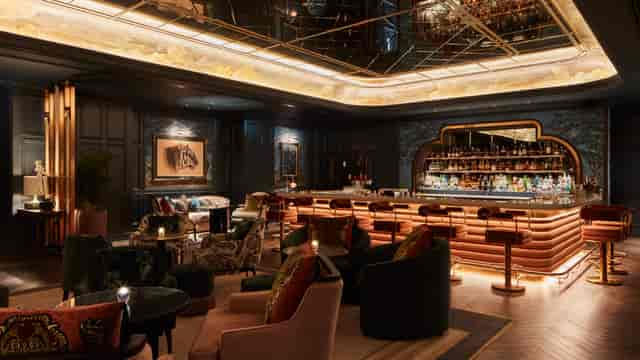 Sophisticated cocktail bar with elegant decor, ideal for networking events and receptions.