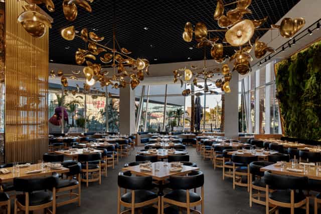 Modern event space in KYU with elegant gold decor, perfect for gatherings and meetings.