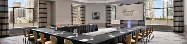 Chancellor Room at Fairmont Chicago: elegant meeting space with U-shaped tables for events.