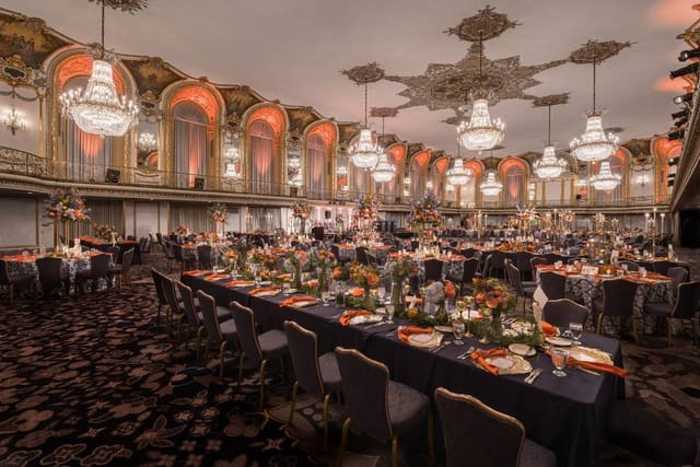 Elegant Hilton Chicago ballroom with chandeliers, perfect for upscale events and galas.