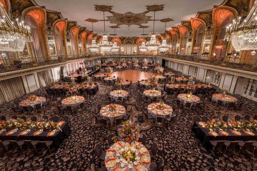 Elegant Hilton Chicago ballroom with floral centerpieces, perfect for weddings and galas.