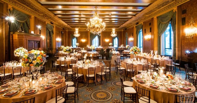 Elegant banquet hall with floral centerpieces for upscale weddings and galas.