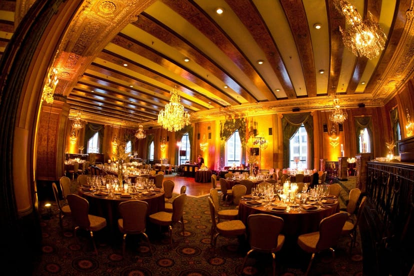 Elegant banquet hall with chandeliers for upscale weddings and galas in Chicago.