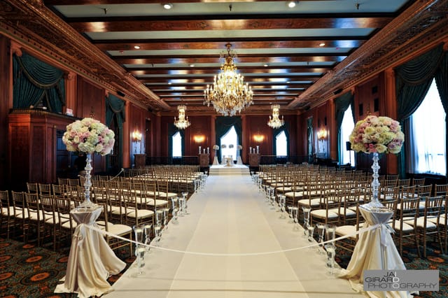 Renaissance wedding venue with elegant chandeliers and floral arrangements in Chicago.