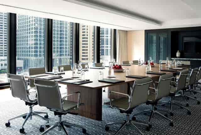 Modern conference room with city view at The Langham, Chicago for professional meetings.