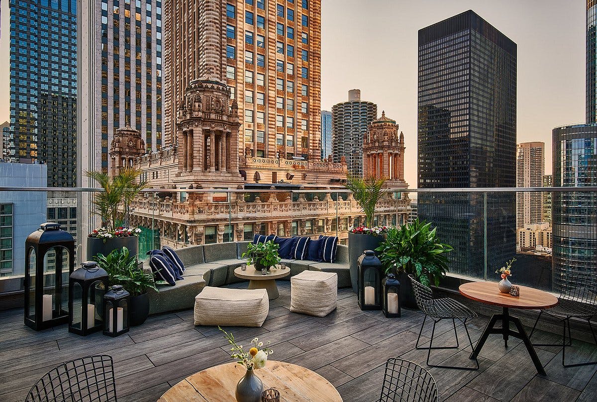Cerise Rooftop at Virgin Hotels Chicago, elegant venue with city skyline for events.