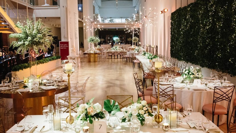 Elegant event space at The Art Institute of Chicago with floral arrangements for weddings.