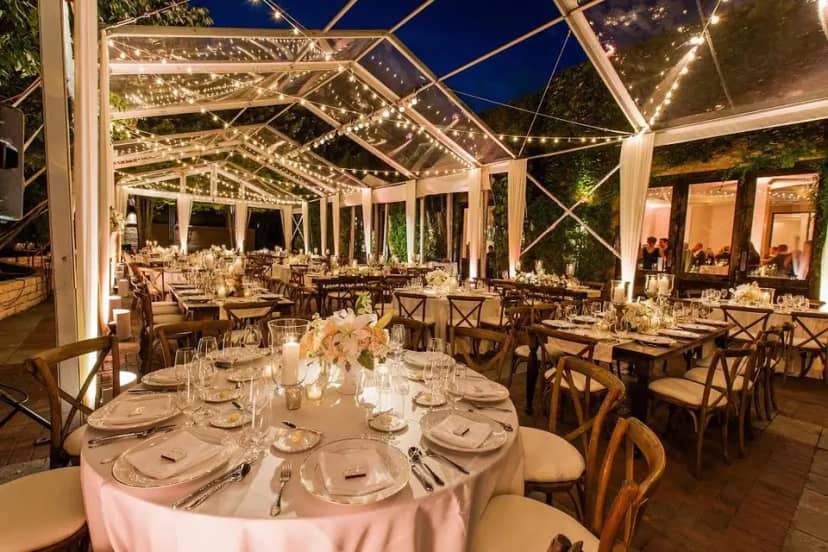 Elegant outdoor event setup with string lights for weddings in Chicago.