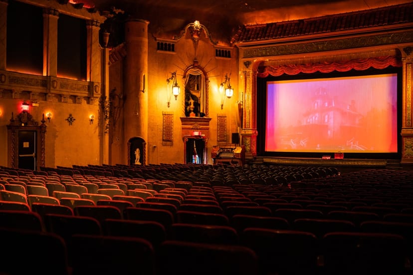 Vintage Music Box Theatre, ornate architecture, elegant event venue.