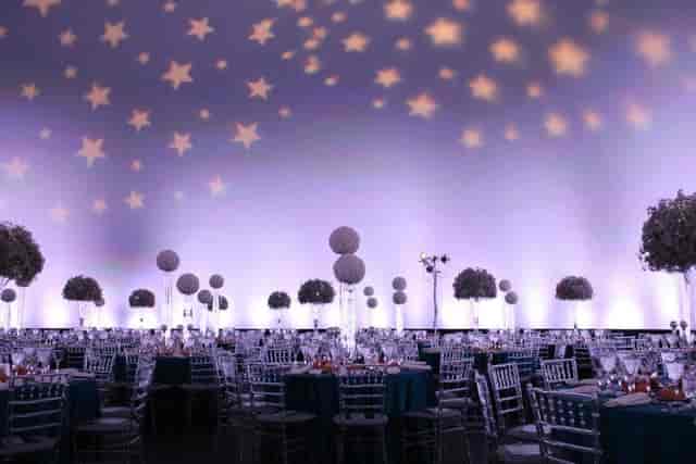 Grainger Sky Theater with teal tables, ideal for elegant weddings and galas.