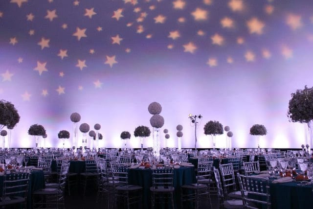 Grainger Sky Theater with teal tables, ideal for elegant weddings and galas.