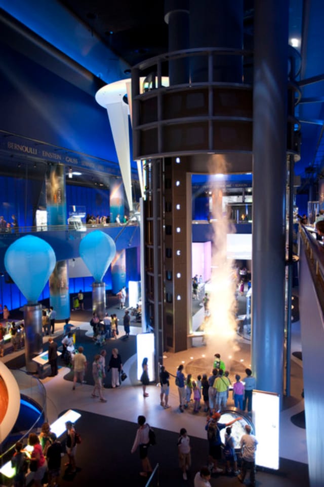 Griffin Museum atrium with blue lighting, ideal for innovative events and meetings.