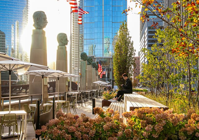 Vibrant River Park event space with modern seating, ideal for corporate gatherings.