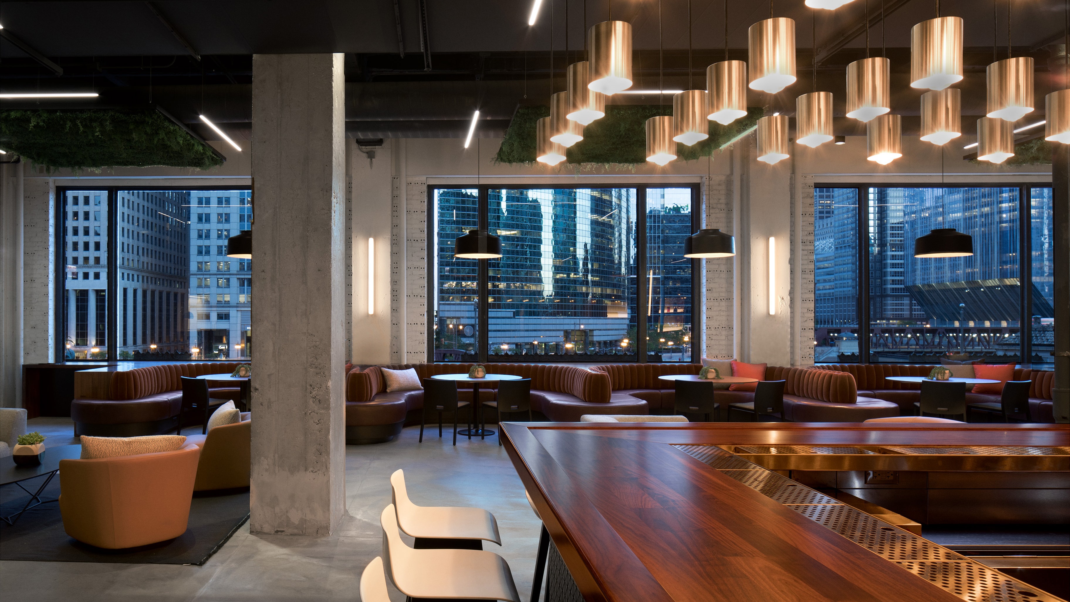 Modern event space at Marshall's Landing with city views, ideal for networking and meetings.