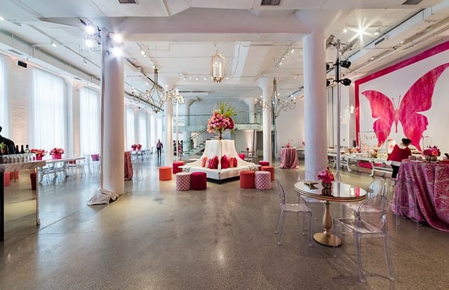 Mezzanine Level at Chez Event Venue with pink butterfly mural, perfect for gatherings and events.