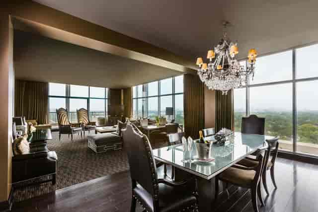 Phantom Ballroom at Hotel ZaZa: elegant meeting space with chandelier and natural light.