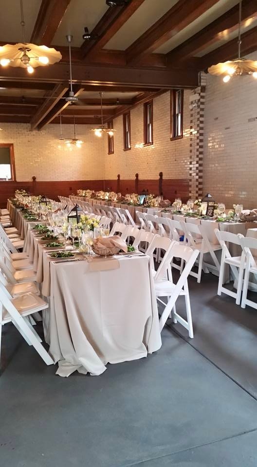 Elegant banquet setup in Coach House, Glessner House for weddings and formal events.