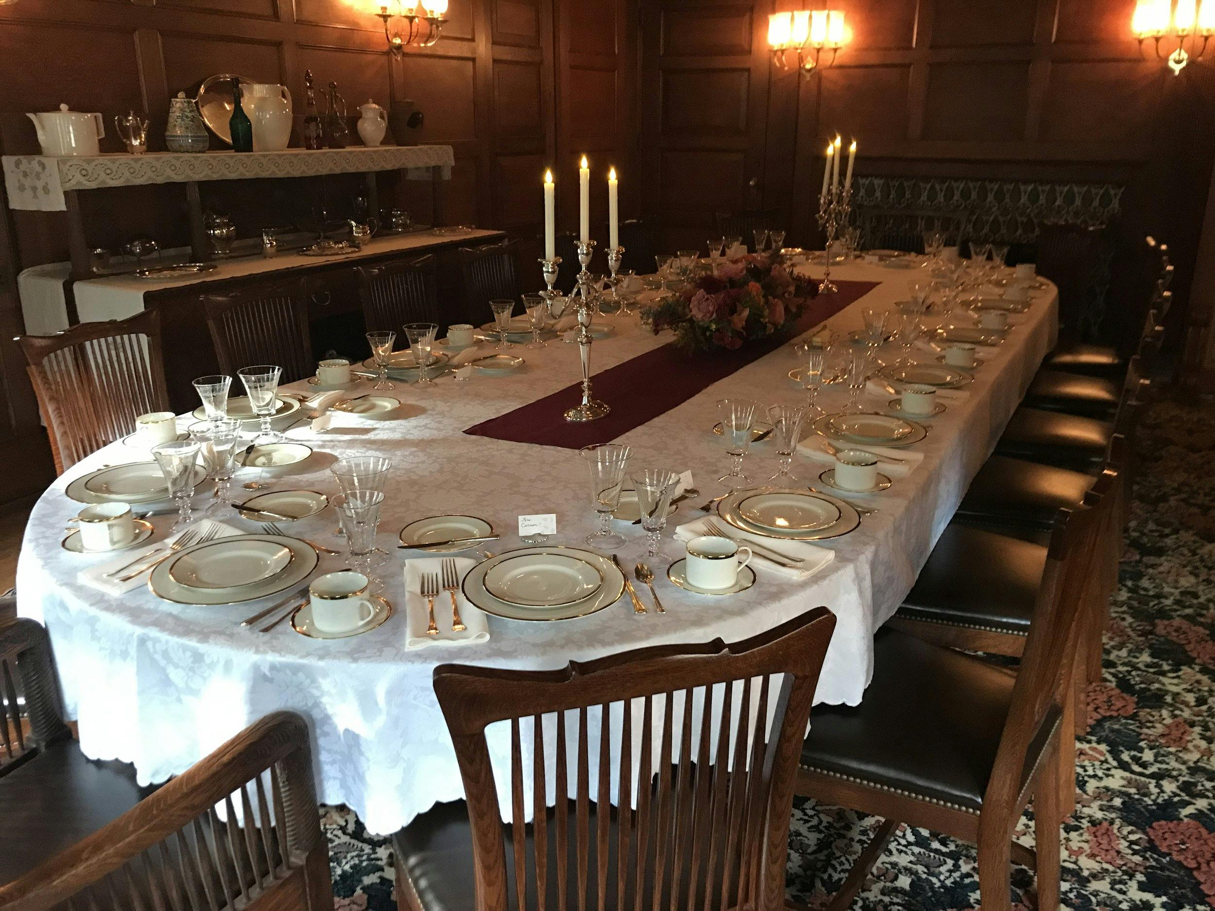 Elegant dining table in Glessner House courtyard for formal event and special occasion.