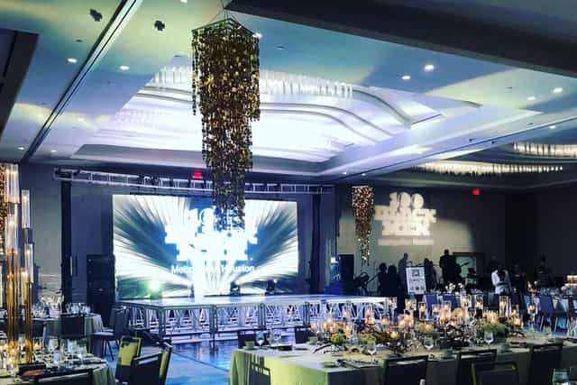 Live Oak Ballroom gala setup with elegant tables and ambient lighting in Houston.