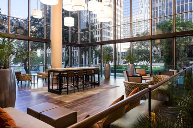 Modern lobby at Gulf Coast B, The Whitehall Houston, ideal for networking events.