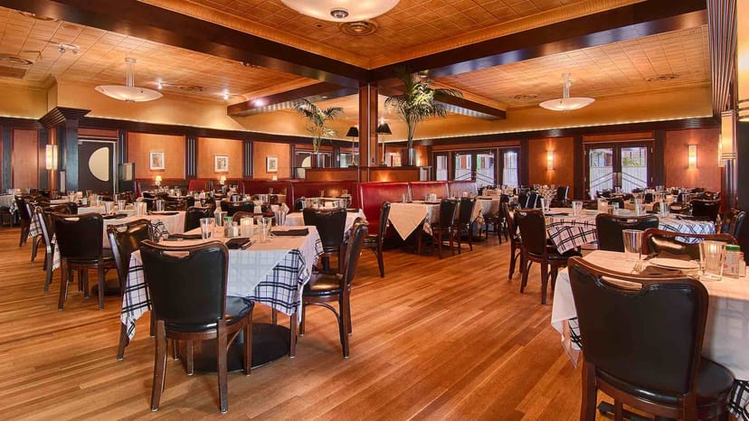 Elegant restaurant space in Gibsons, ideal for meetings and events with warm wood tones.