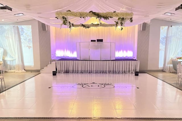 Elegant banquet hall with dance floor, ideal for weddings and corporate events.