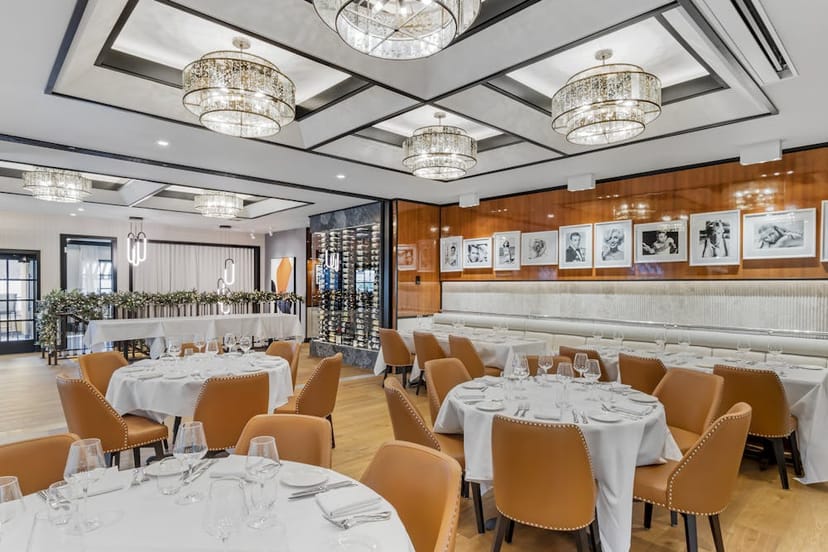 Elegant dining space with chandeliers for upscale events and corporate dinners.