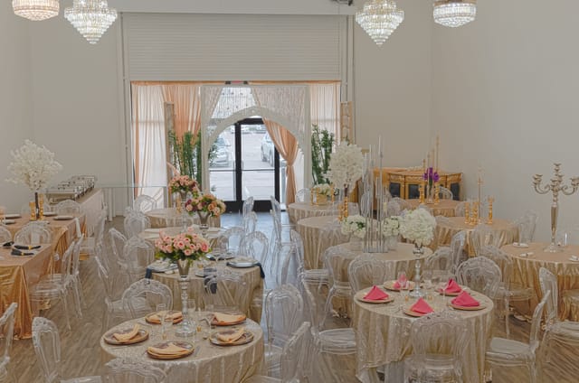 Luxury Occasion Event Hall with gold tables and elegant decor for weddings and upscale events.
