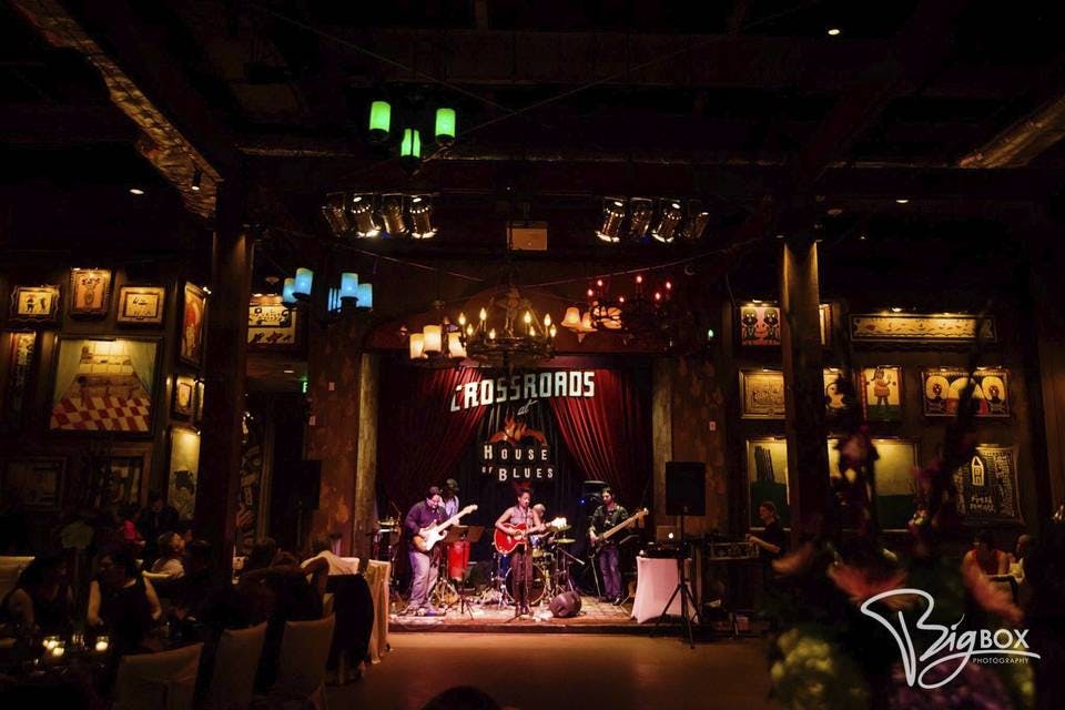 Banquet hall at House of Blues Houston, vibrant live music venue for events.