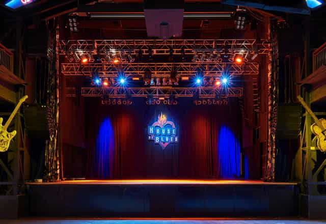 Banquet hall at House of Blues Houston with vibrant stage setup for live events.